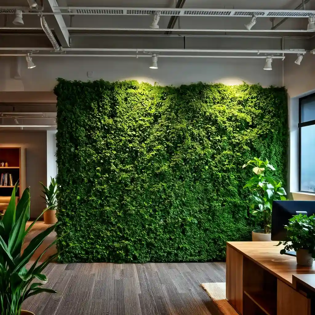 a modern open-plan office with a prominently featured moss wall as a natural partition or backdrop. The moss wall should appear lush, evenly textured, and seamlessly integrated into the space.A moss wall makes an office space warm and inviting ambience#carboncapture, #mosswall, #livingwalls, #greenarchitecture, #sustainableliving, #climatesolutions, #urbanjungle, #ecodesign, #verticalgarden, #greendesign, #biophilicdesign, #airpurifyingplants, #lowmaintenanceplants, #indoorplantsdecor, #greenbuildings, #mossmagic, #mossart, #carbonfootprint, #ecoarchitecture, #urbangreening, #plantwall, #co2reduction, #greeninteriors, #sustainabledecor, #natureindoors
