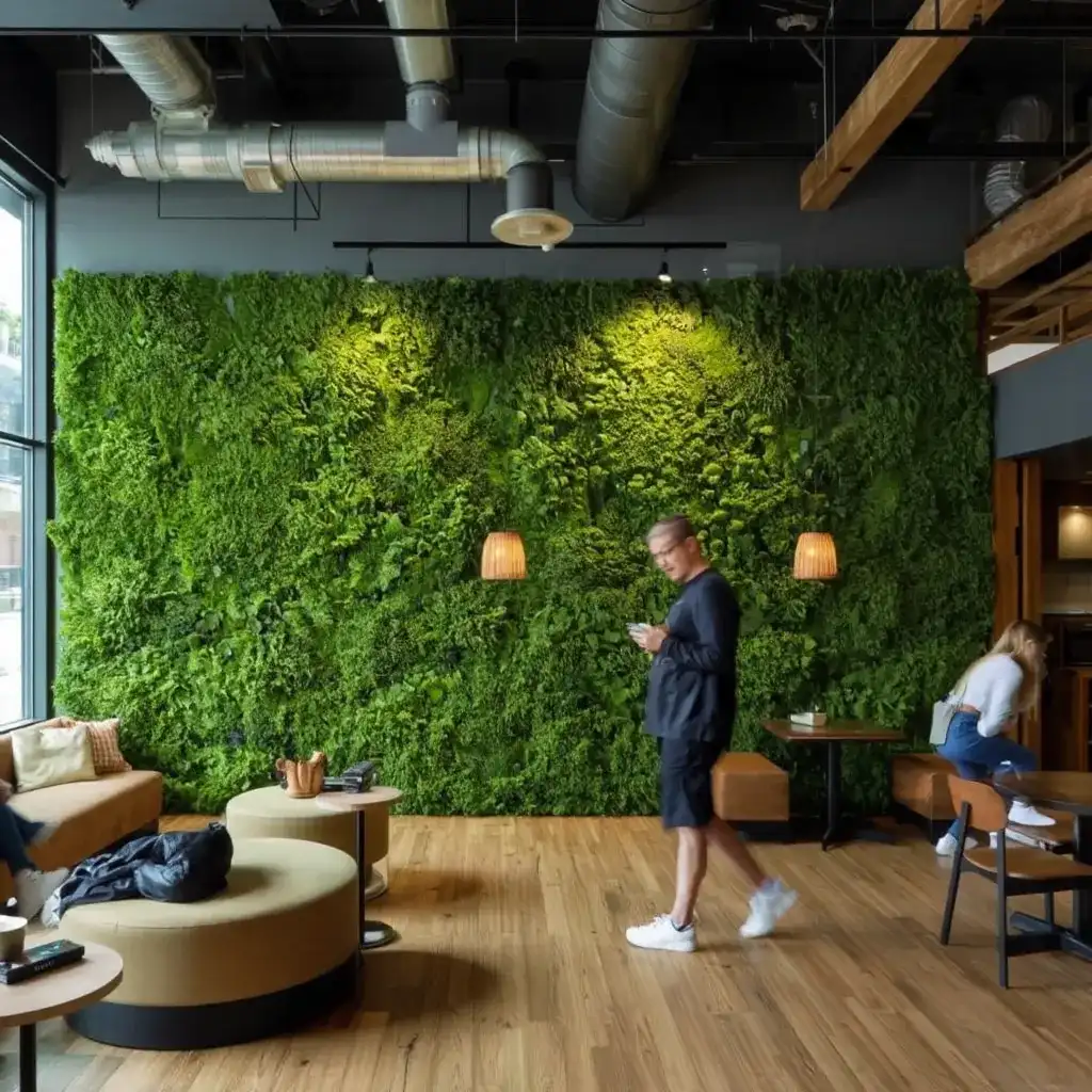 a semi-public interior—such as a co-working lounge, university common area, boutique café, or wellness center—with a naturally integrated moss wall. The moss wall should appear soft, evenly textured, and calming, acting as a design centerpiece or acoustic partition.With a moss wall, a co-working space can be acoustically treated as well as creating a pleasant space#mosswall, #greenwall, #livingwall, #verticalgarden, #carboncapture, #co2absorption, #sustainableliving, #ecoarchitecture, #greenbuilding, #urbangreening, #airpurification, #indoorplants, #biophilicdesign, #plantwall, #natureindoors, #greeninteriors, #cleanenergyfuture, #climatesolutions, #lowmaintenanceplants, #greendecor, #ecodesign, #sustainabledecor, #mossart, #indoorairquality, #environmentallyfriendly