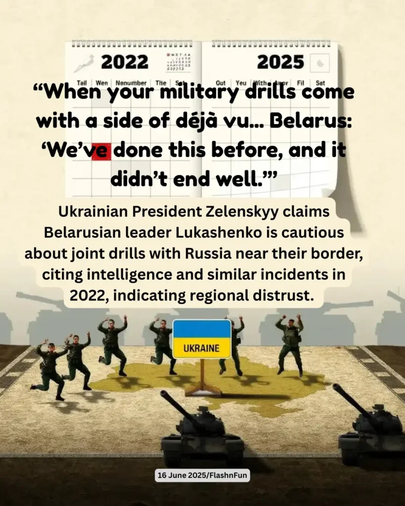 Ukrainian President Zelenskyy claims Belarusian leader Lukashenko is cautious about joint drills with Russia near their border, citing intelligence and similar incidents in 2022, indicating regional distrust.#ukrainewar, #belarusnews, #russiandrills, #militarytensions, #zelenskyy, #lukashenko, #dejaVu2025, #bordercrisis, #europeansecurity, #ukrainerussia, #russiaukraineconflict, #militaryexercises, #geopolitics2025, #flashnfun, #ukrainenews, #belarusrussia, #natoalert, #intelligencebrief, #russiathreat, #easterneuropecrisis, #globalsecurity, #warandpeace, #russianaggression, #regionalinstability, #drillsordanger