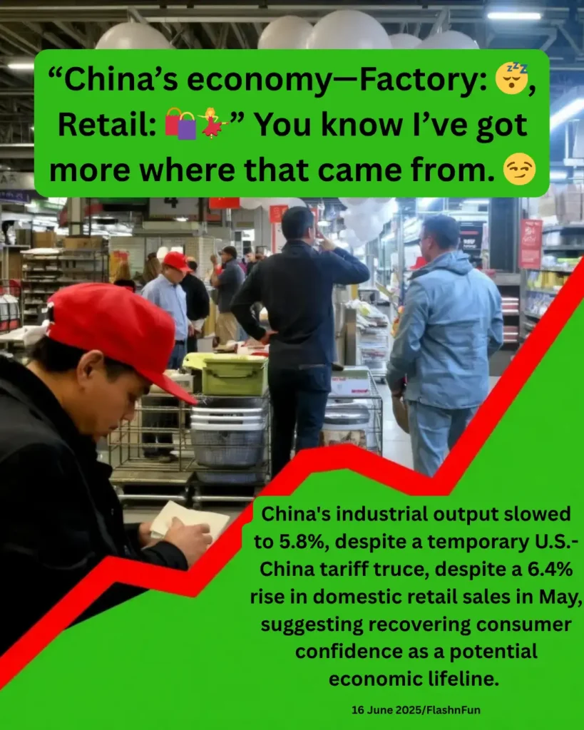 China's industrial output slowed to 5.8%, despite a temporary U.S.-China tariff truce, despite a 6.4% rise in domestic retail sales in May, suggesting recovering consumer confidence as a potential economic lifeline.#chinaeconomy, #chinamarket, #industrialoutput, #retailsales, #economictrends, #chinagrowth, #uschinarelations, #tarifftruce, #consumerconfidence, #economicrecovery, #manufacturingslowdown, #retailboom, #chinanews, #chinatrade, #flashnfun, #chinaconsumers, #2025economy, #globaleconomy, #economicupdate, #chinabusiness, #tradebalance, #economiclifeline, #economicinsight, #retailtrends, #factoriesvsretail