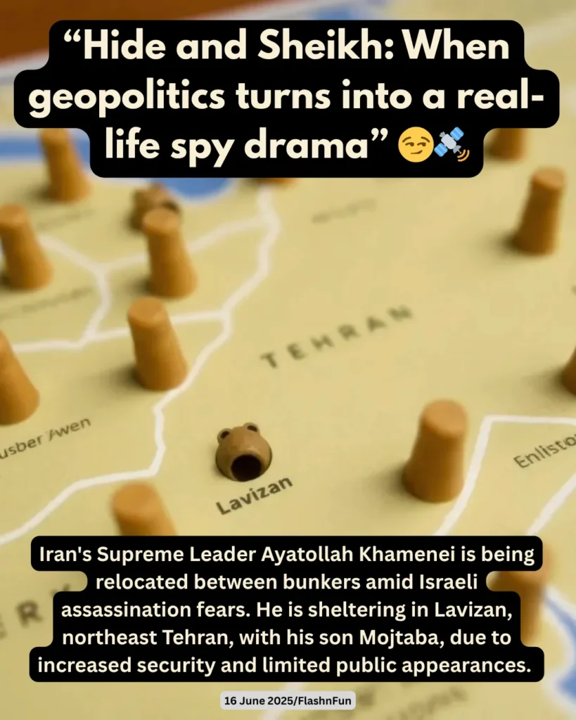 Iran's Supreme Leader Ayatollah Khamenei is being relocated between bunkers amid Israeli assassination fears. He is sheltering in Lavizan, northeast Tehran, with his son Mojtaba, due to increased security and limited public appearances.#geopolitics, #spyDrama, #Iran, #AyatollahKhamenei, #IsraeliAssassination, #Lavizan, #Tehran, #security, #publicAppearances, #bunkers, #MojtabaKhamenei, #FlashnFun, #news, #MiddleEast, #politics, #internationalRelations, #currentEvents, #IranianLeader, #assassinationFears, #sheltering, #northeastTehran, #June2025, #IranianPolitics, #globalNews, #securityMeasures