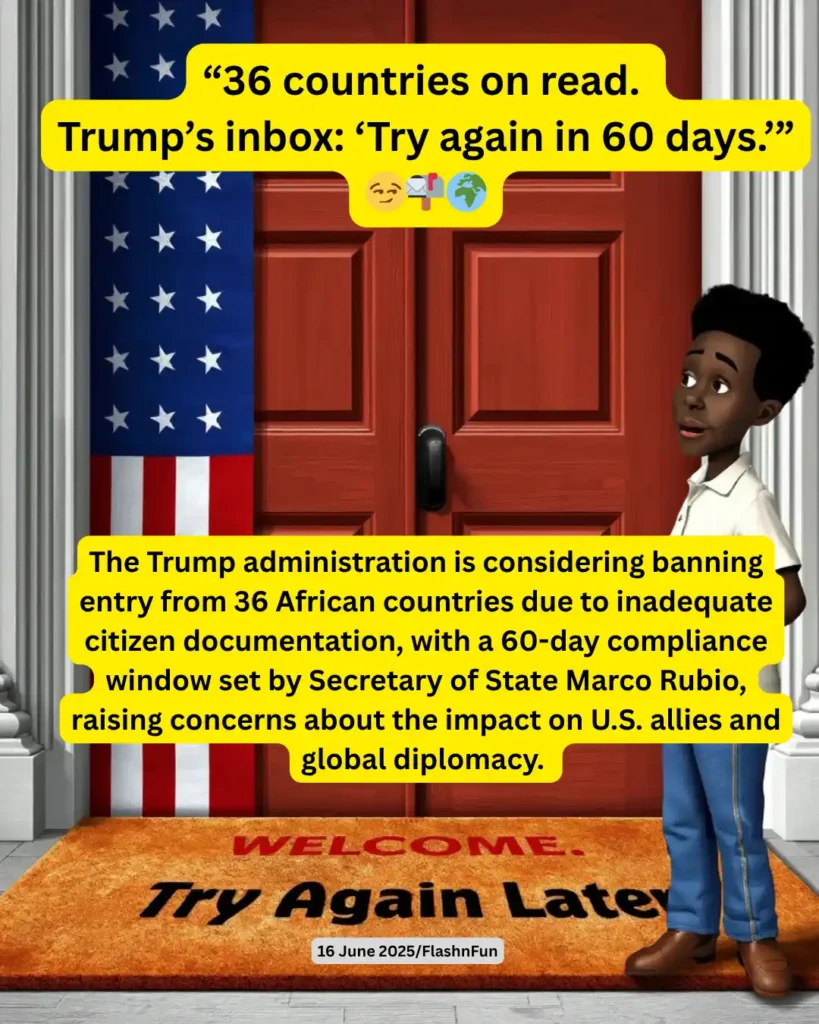 The Trump administration is considering banning entry from 36 African countries due to inadequate citizen documentation, with a 60-day compliance window set by Secretary of State Marco Rubio, raising concerns about the impact on U.S. allies and global diplomacy.#trumpadministration, #africancountries, #citizendocumentation, #entryban, #globaldiplomacy, #usforeignpolicy, #marcorubio, #compliancewindow, #usallies, #immigrationpolicy, #politicalnews, #internationalrelations, #usgovernment, #travelban, #foreignaffairs, #diplomaticimpact, #policychange, #uspolitics, #africanimmigration, #trumpnews, #politicaldecision, #immigrationissues, #usstatepolicy, #globalimpact, #politicalupdate