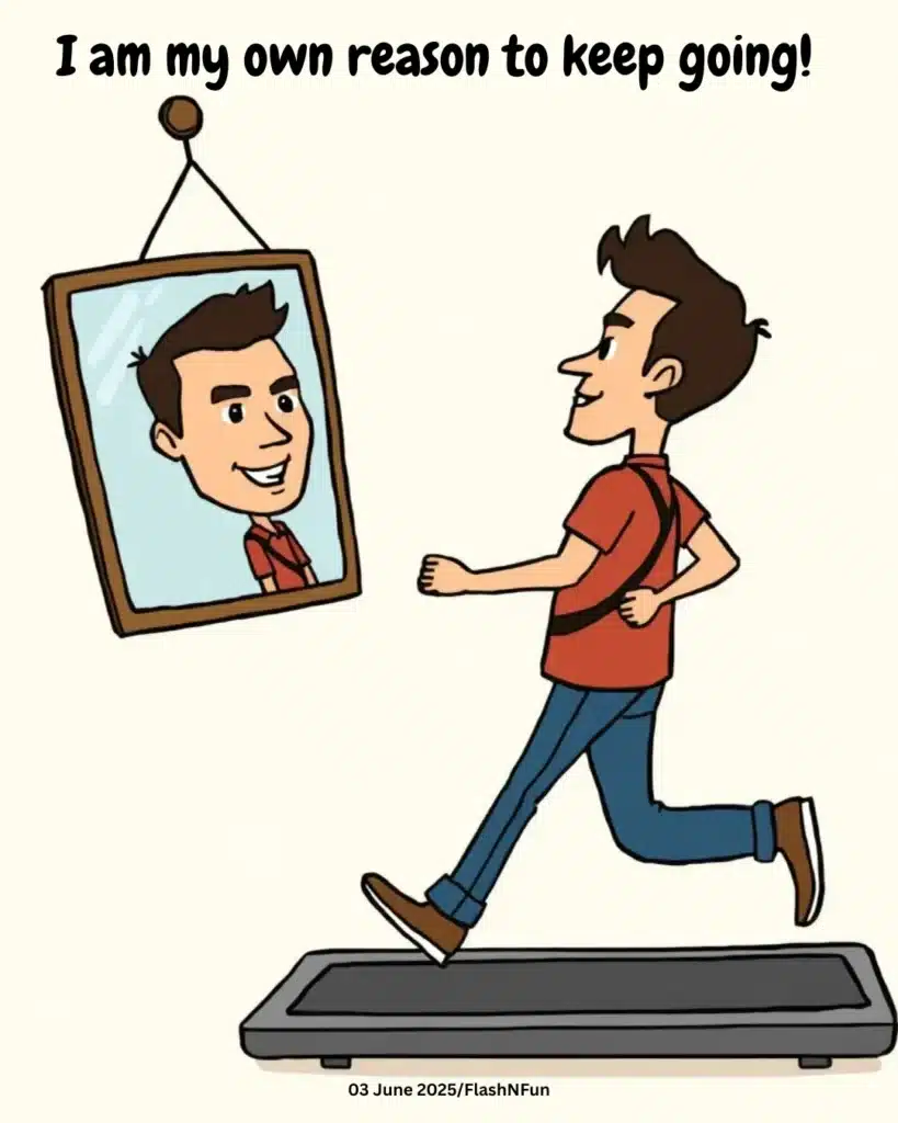 A cartoon-style image shows a man running on a treadmill, smiling at a mirror hanging in front of him. The mirror reflects his own face, symbolizing self-motivation. Captioned “I am my own reason to keep going,” it humorously captures the idea of self-interest driving personal progress and ambition.#selfmotivation, #selfinterest, #motivationmeme, #cartooninspo, #chasingmyself, #innerdrive, #selfishgoals, #selfishhumor, #mirrorinspo, #treadmillmeme, #personaldevelopment, #funnytruth, #selfgrowth, #whatsinitforme, #mefirst, #ownreason, #mymotivation, #motivationalcartoon, #hustlememe, #selfawareness, #funnyillustration, #egoalert, #selfieinspo, #lifelessonmeme, #selfdriven, #mindsetmatters, #goaldigger, #selfiegoals, #selflovehumor, #introspectionfun