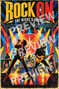 Vintage rock concert poster titled "ROCK ON - THE NIGHT'S YOUNG" featuring a lead singer and guitarist performing live on stage under colorful spotlights.