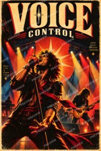 Rock band on stage digital download poster with guitarist and singer, retro concert poster style